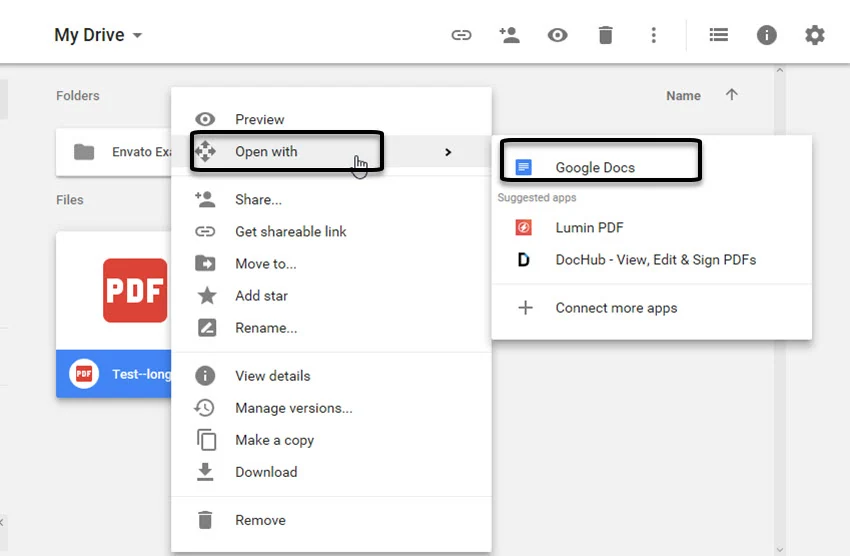 Google Drive menu opening an image with Google Docs for OCR