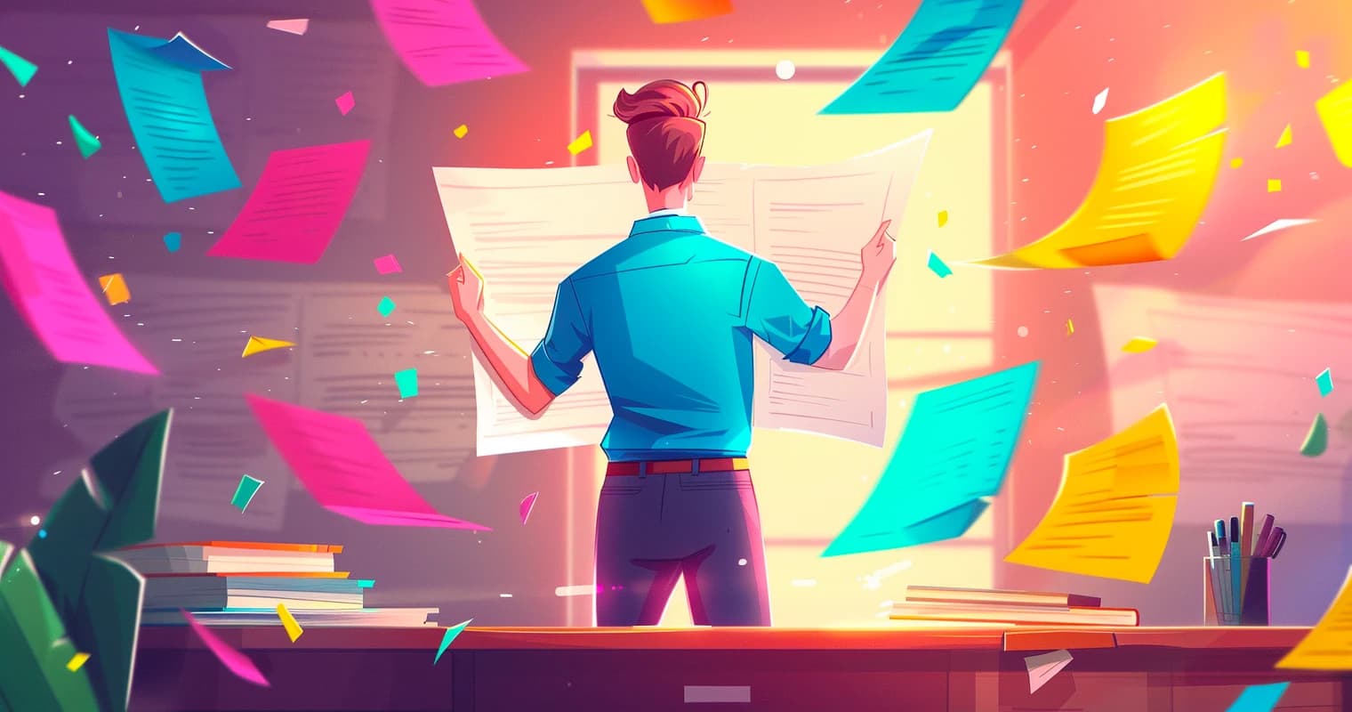 Illustration of a person manually organizing text from paper notes
