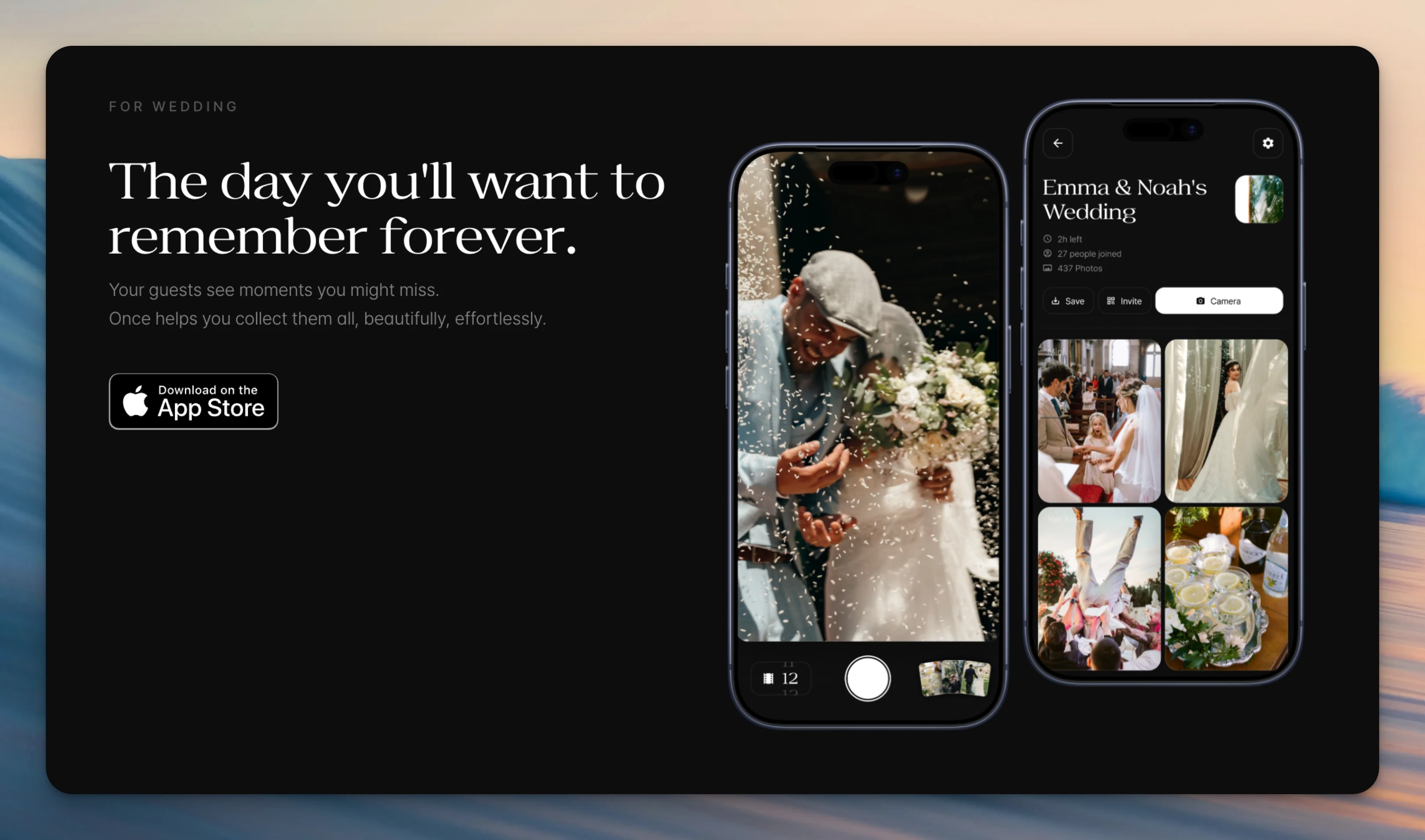 Once guest photo collection app shown on two phones at a wedding