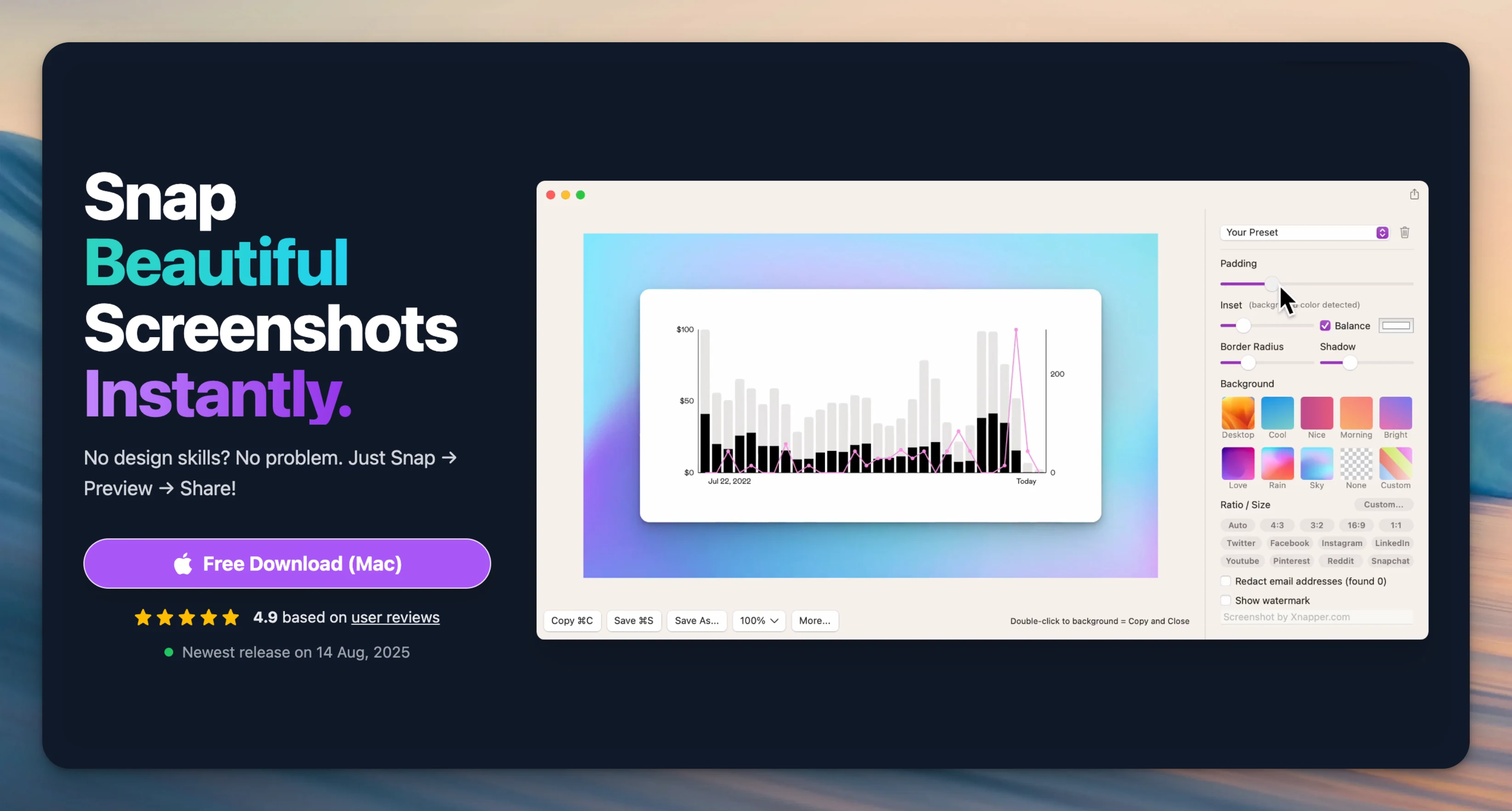 Xnapper landing page with a styled client analytics screenshot