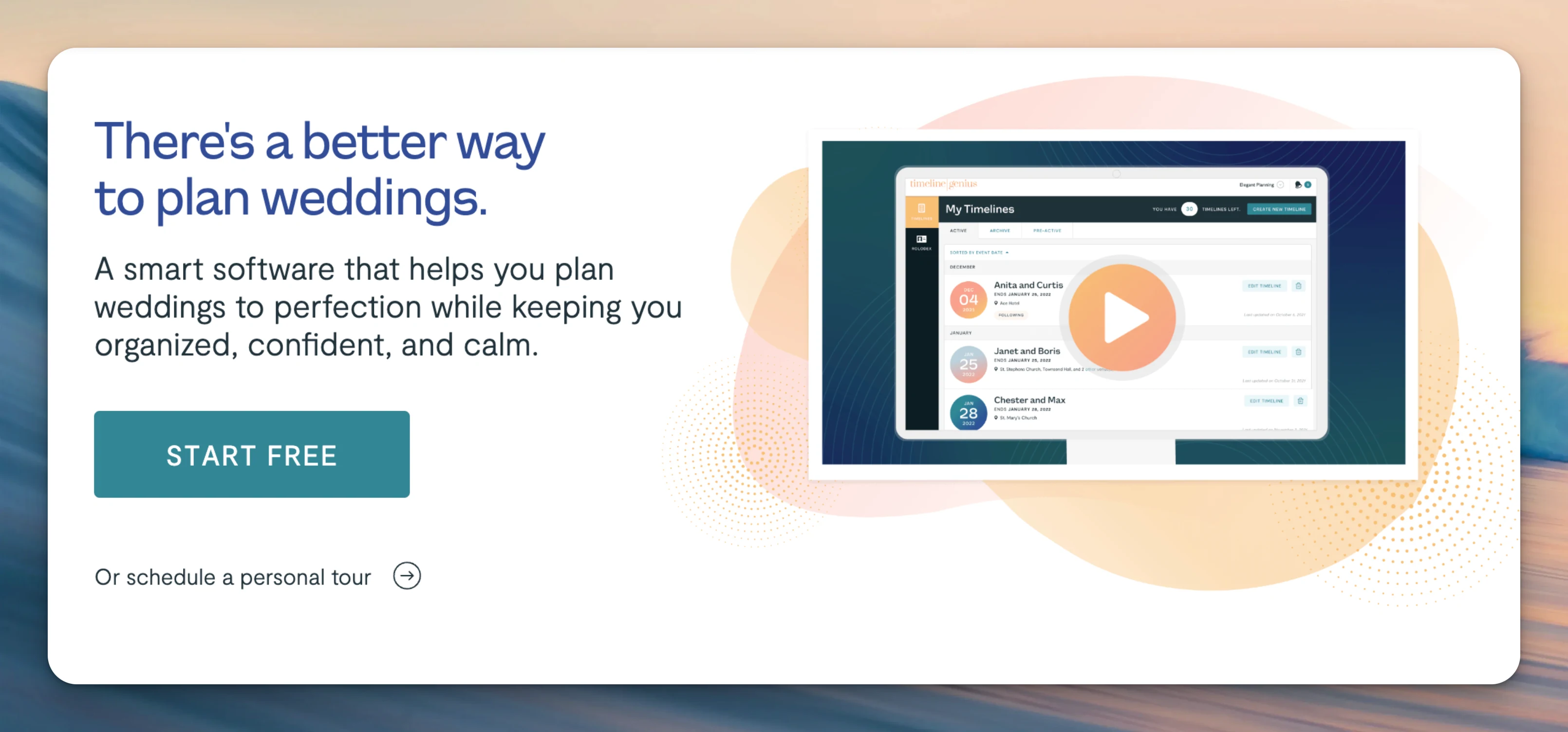 Timeline Genius wedding timeline builder and start-free call to action