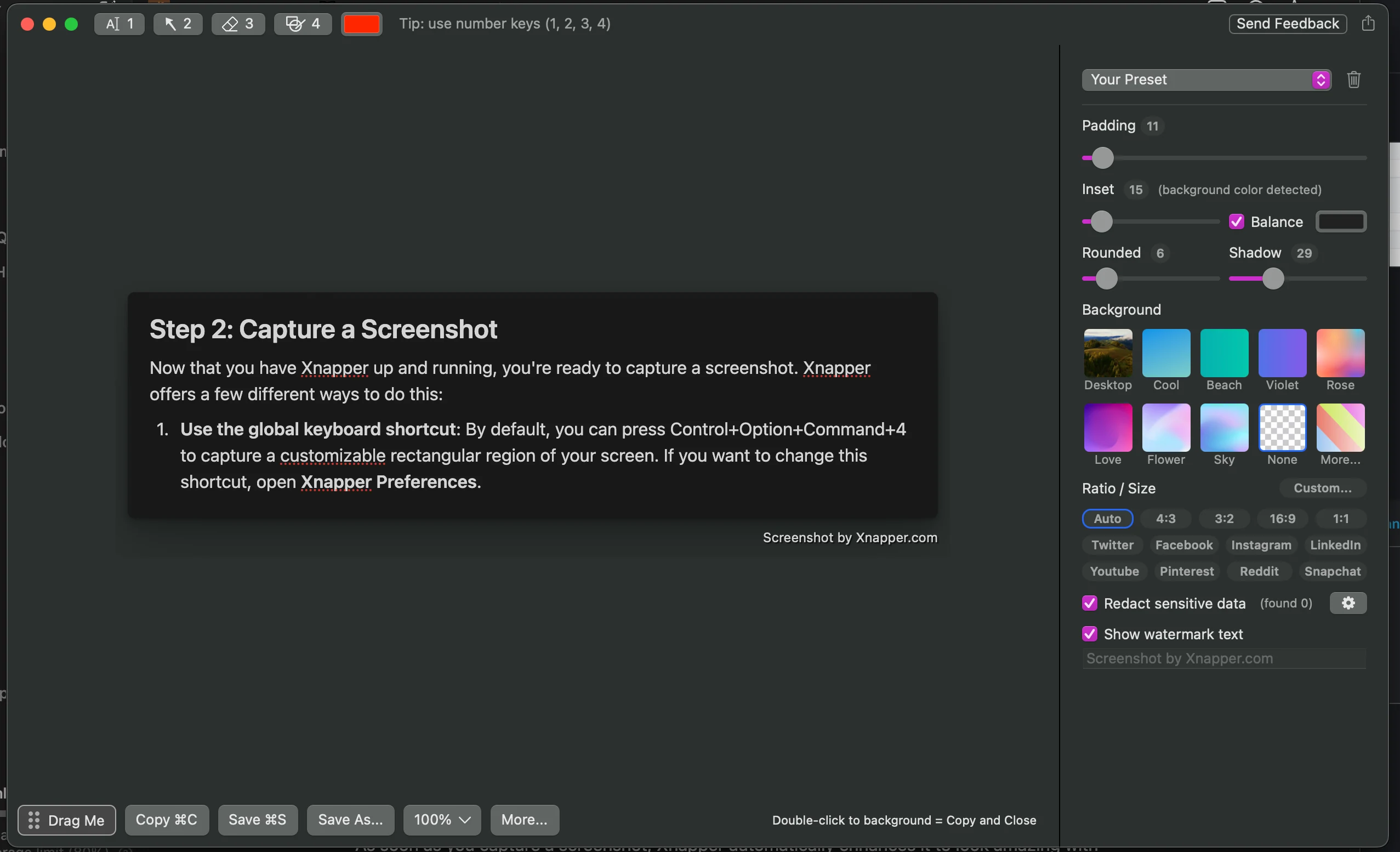Xnapper editor showing screenshot capture and styling controls