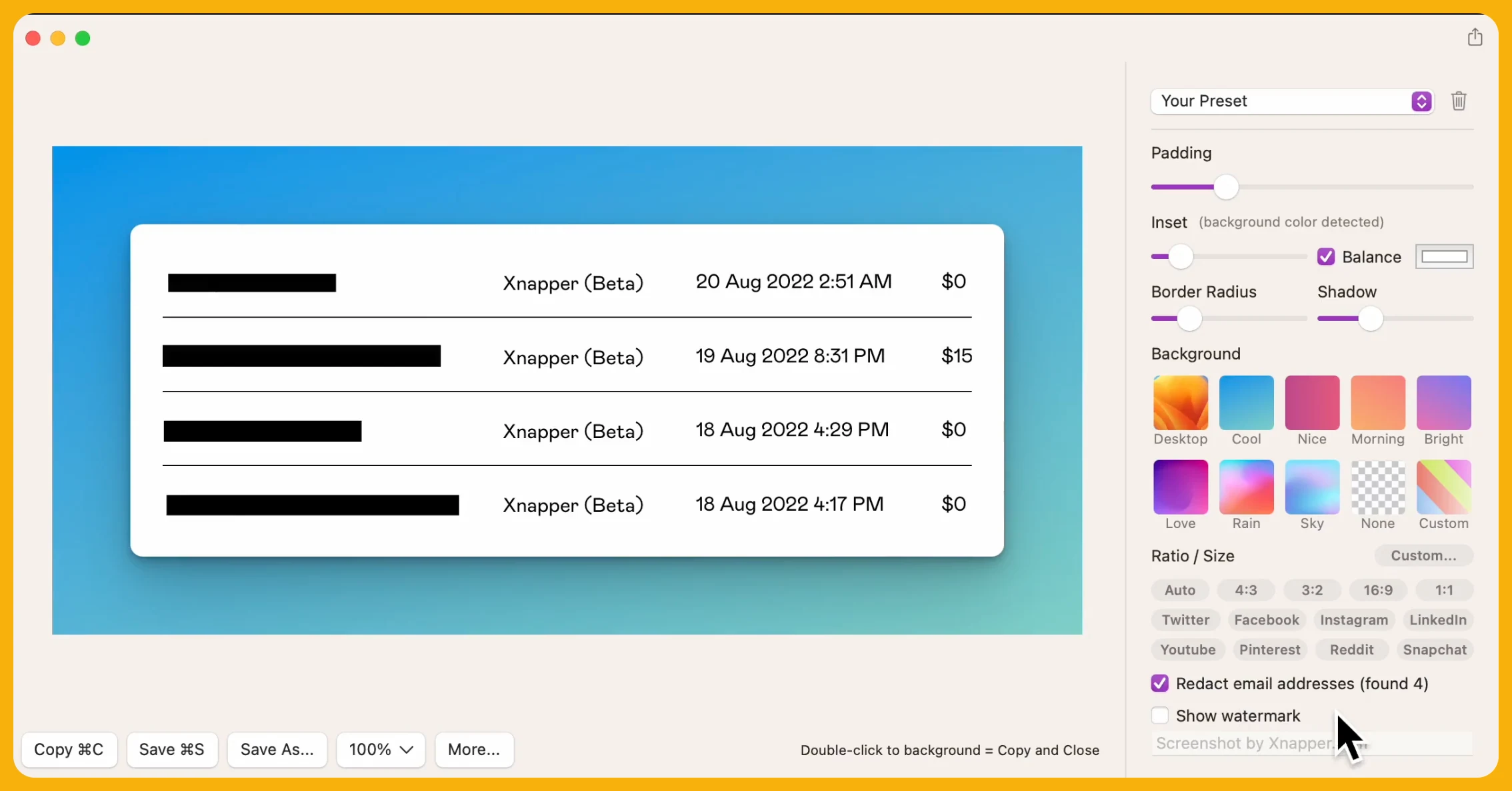 Xnapper automatically redacting names and timestamps in a screenshot