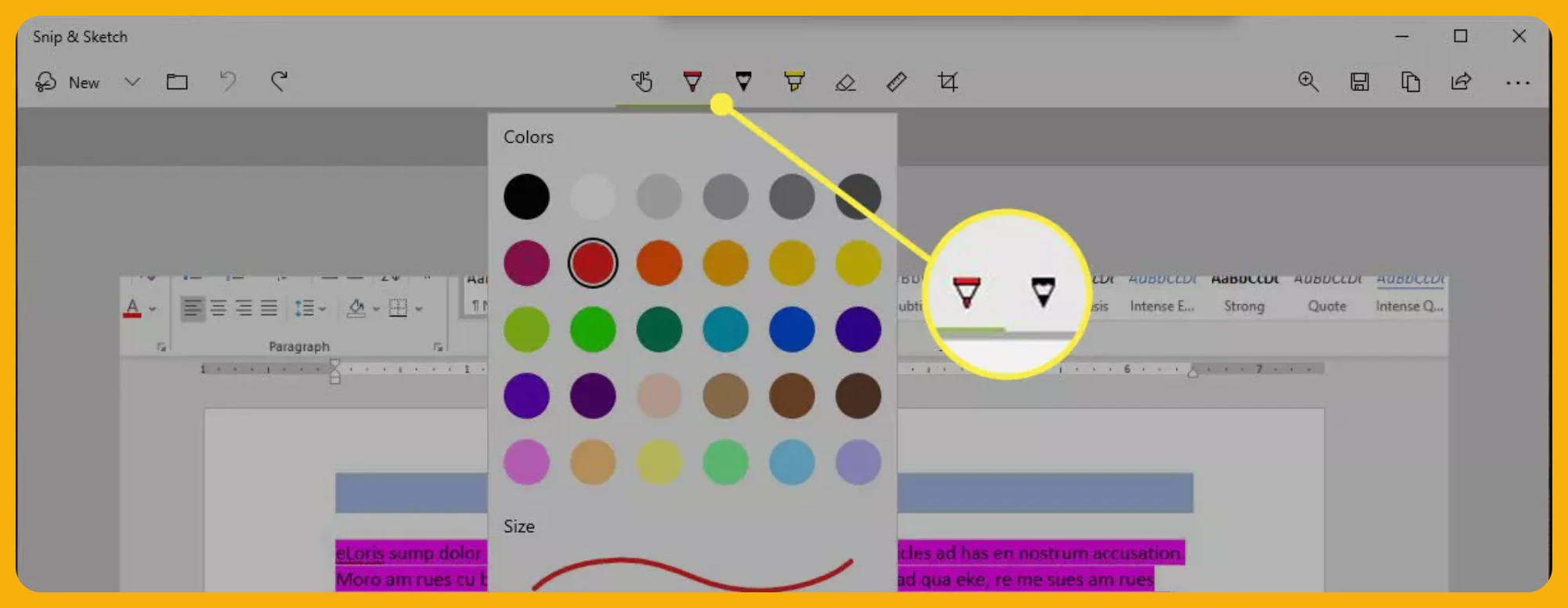 Windows Snip and Sketch marker palette used to cover sensitive text