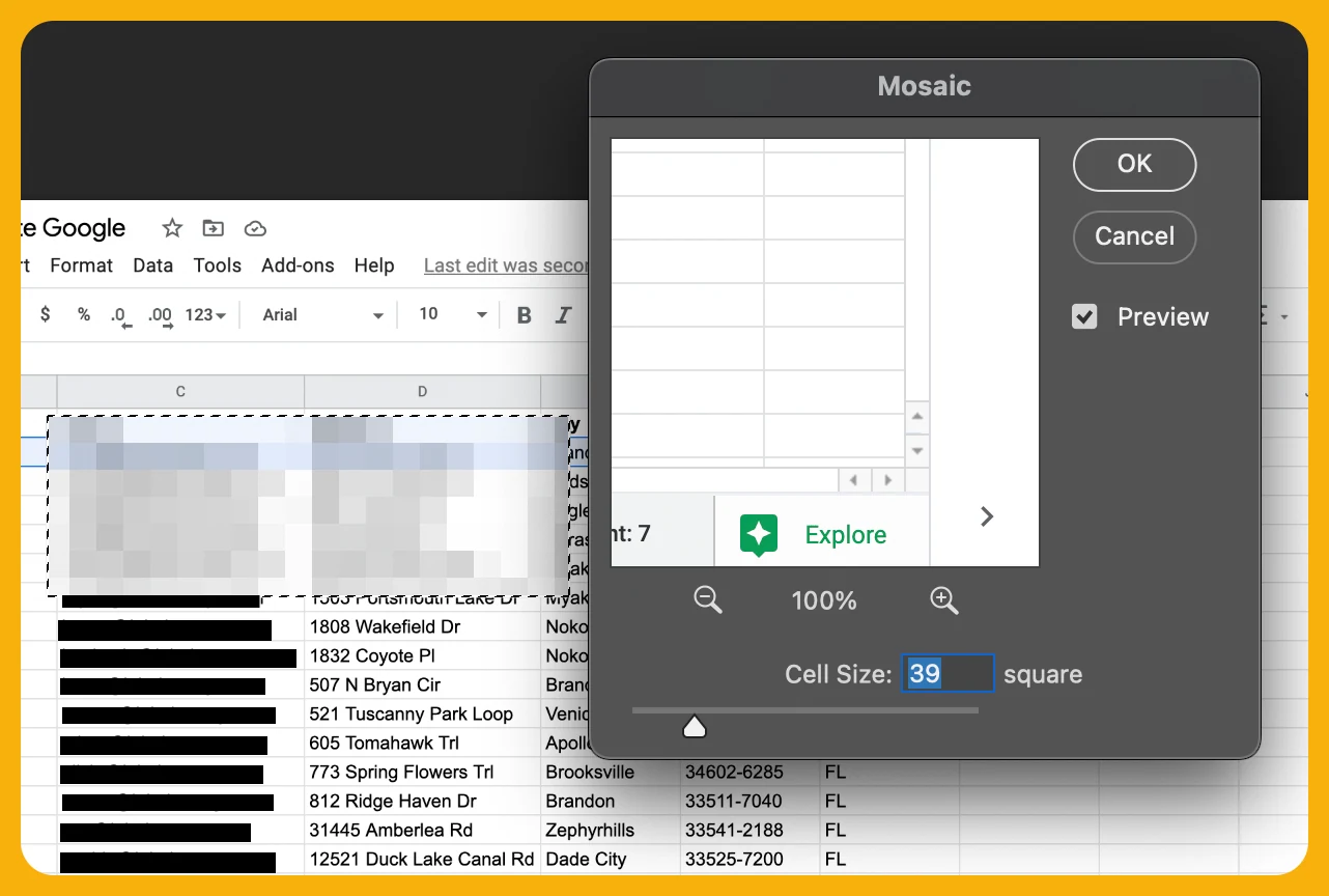 Mosaic blur dialog obscuring spreadsheet cells in an image editor