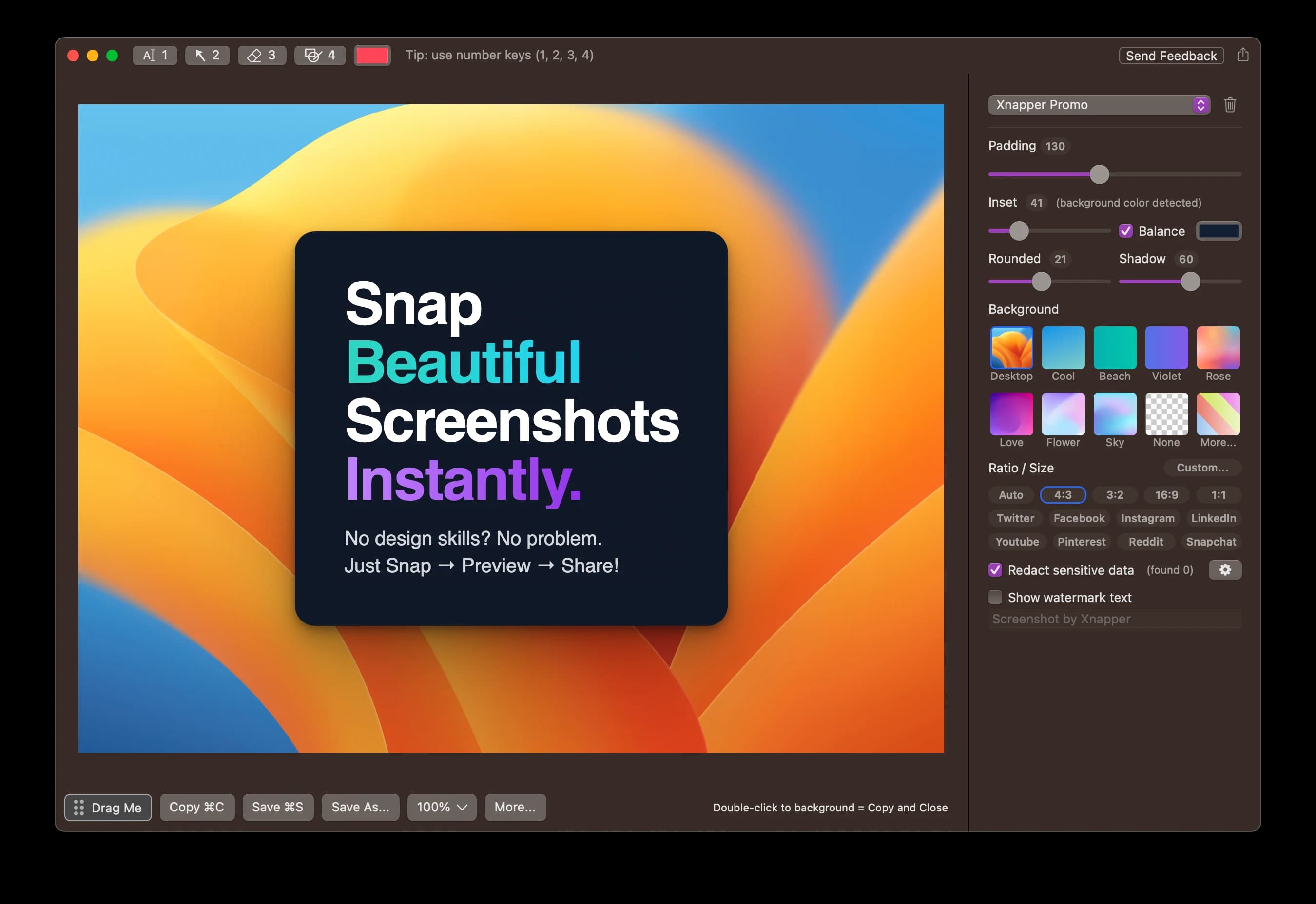 Xnapper editor styling a Mac screenshot with a colorful background