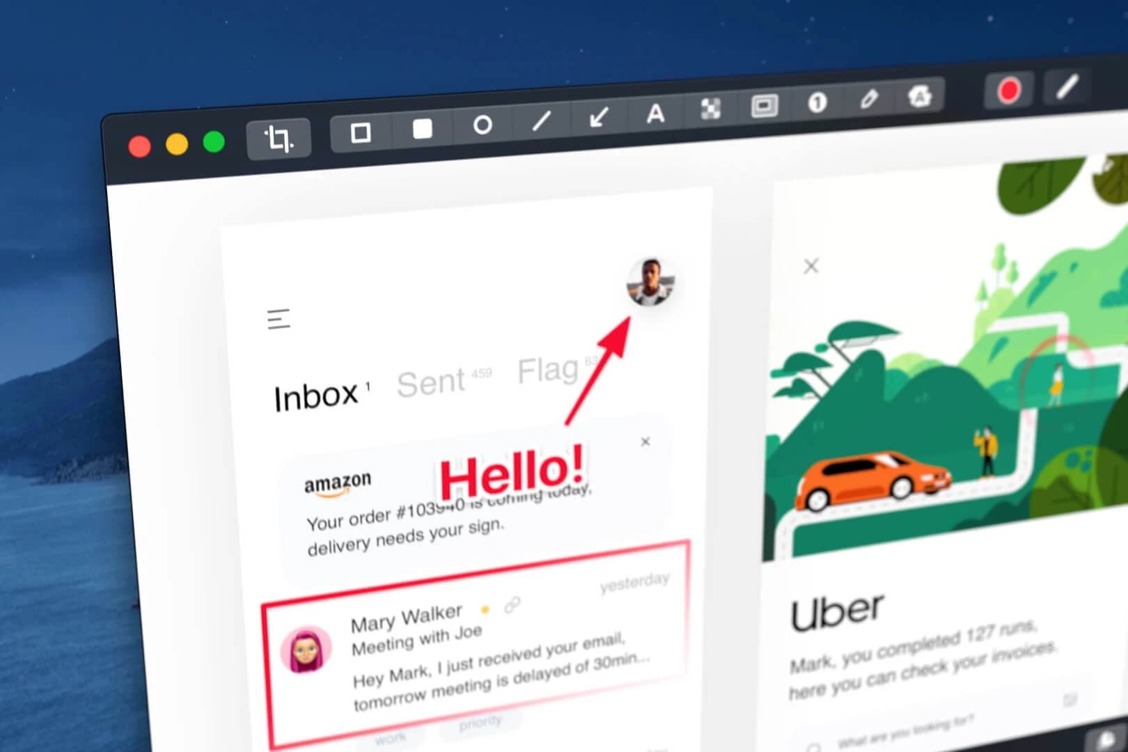 CleanShot X annotation toolbar editing an email screenshot