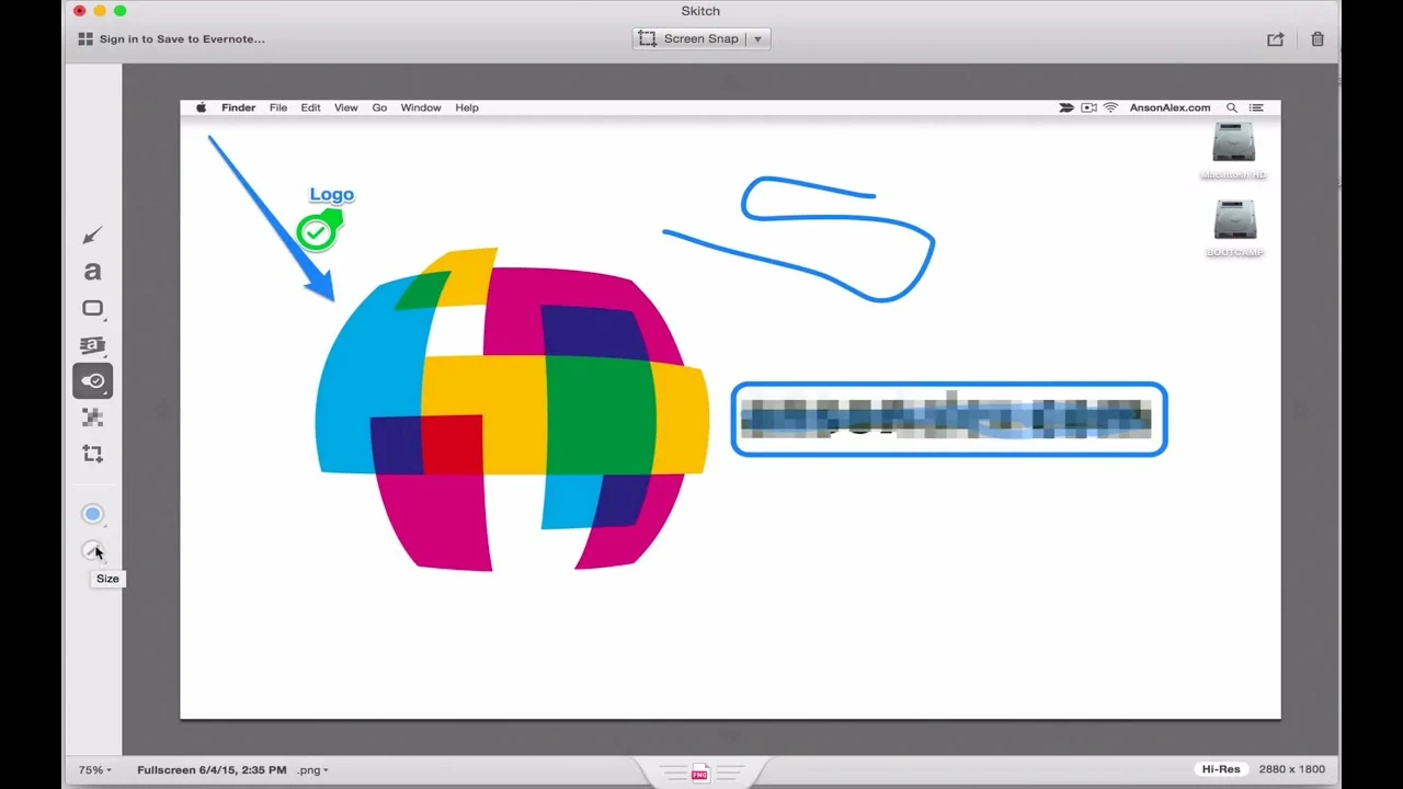 Skitch editor adding shapes, handwriting, and blur to an image