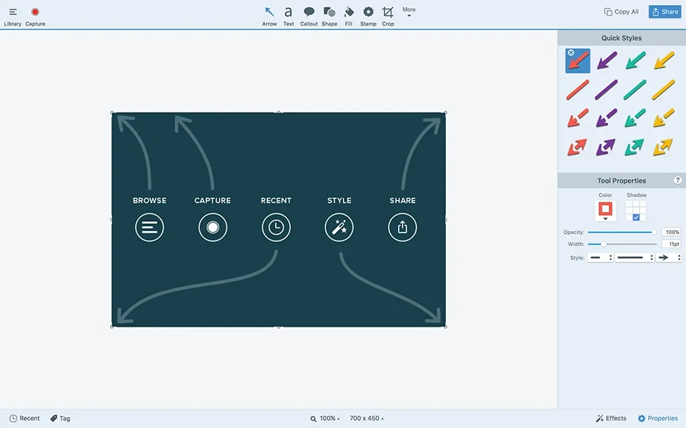Editor de Snagit mostrando las opciones de captura, efectos y compartir