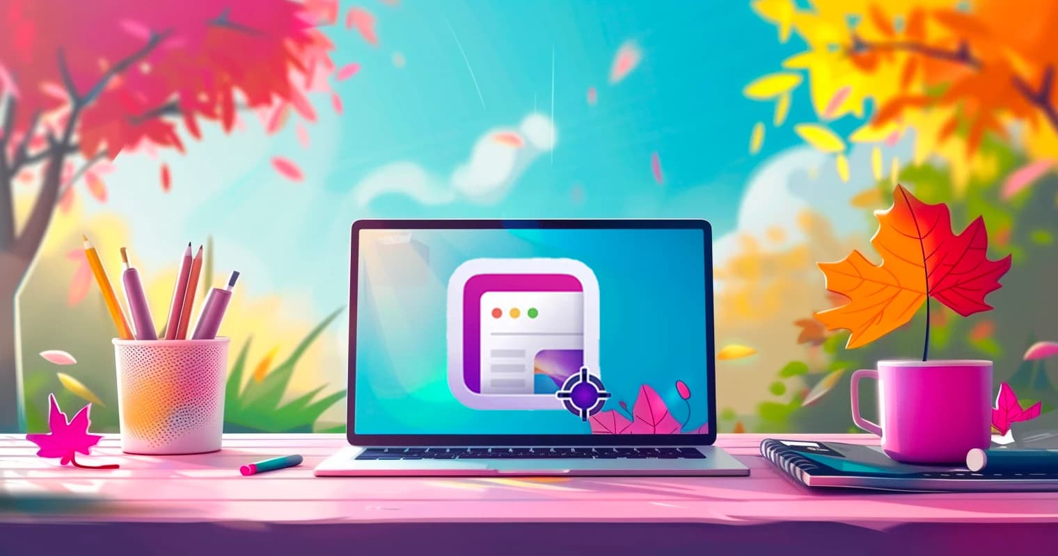Ilustración de un escritorio colorido con Xnapper abierto en un portátil
